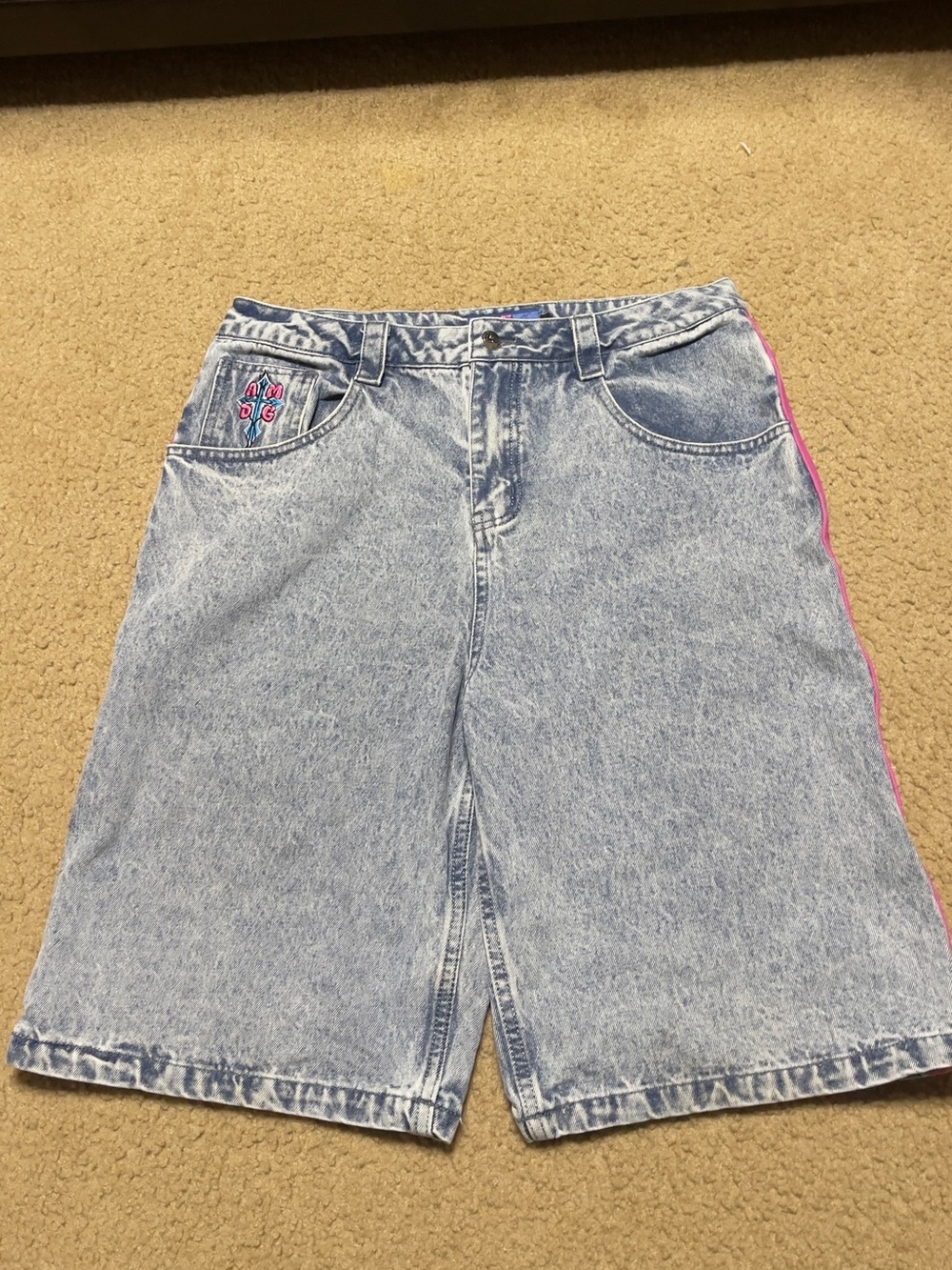 AMD Light Acid Wash Denim Bermuda Shorts with Pink Side Trim